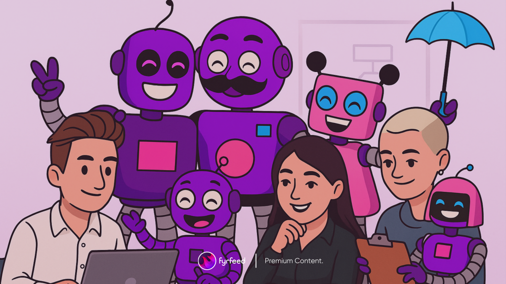 Illustration zeigt Menschen, die gemeinsam mit fröhlich wirkenden Robotern an Inhalten an einem Cpomputer arbeiten, symbolisch für "Human-In-The-Loop" bei der KI-gestützten Content-Erstellung.