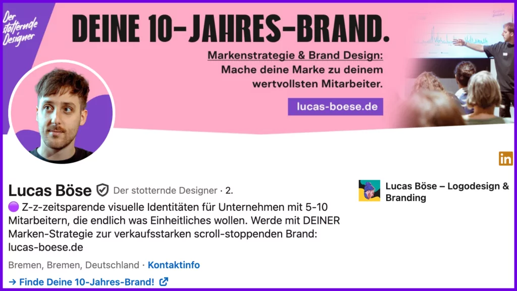 Screenshot: LinkedIn Profil von Lucas Böse, "Der stotternde Designer"