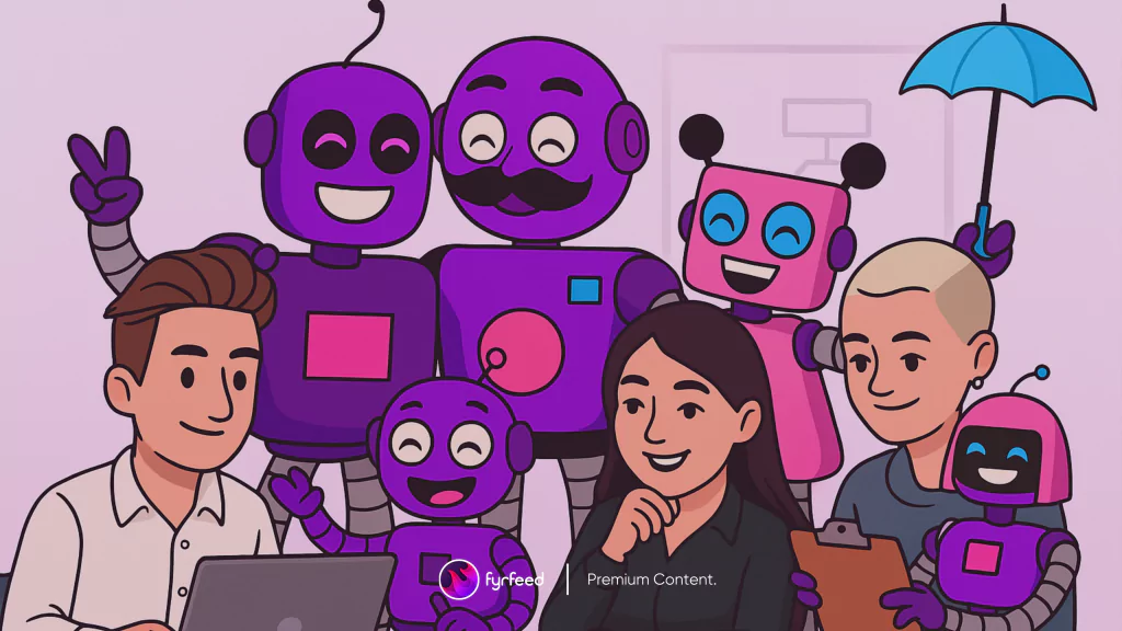 Illustration zeigt Menschen, die gemeinsam mit fröhlich wirkenden Robotern an Inhalten an einem Cpomputer arbeiten, symbolisch für "Human-In-The-Loop" bei der KI-gestützten Content-Erstellung.